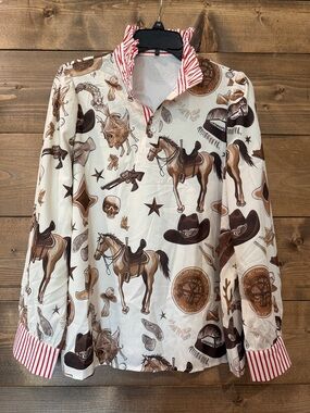 Western Print Long-Sleeve Shirt in Cream and Brown